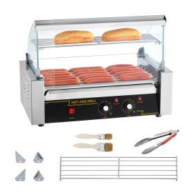 Hot Dog Roller 7 Rollers 18 Hot Dogs Capacity 1050W Stainless Sausage Grill Cooker Machine with Dual Temp Control Glass Hood Acrylic Cover Bun Wa